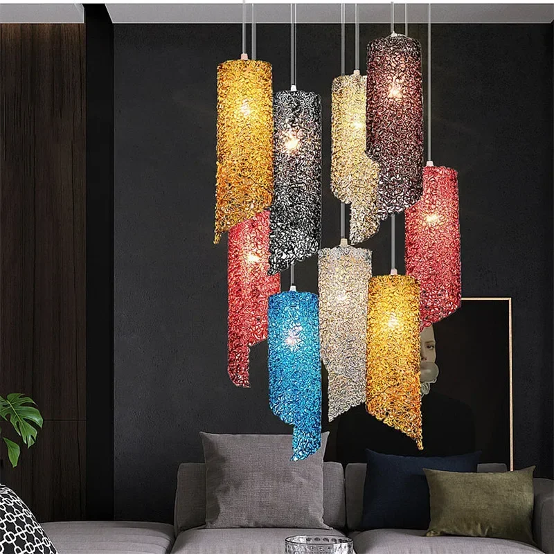 

Macaron Art Suspension Luminaire Colored LED Aluminum Wires Lustre Hanglamps Home Interior Chandeliers Lights for Ceiling 32 cm