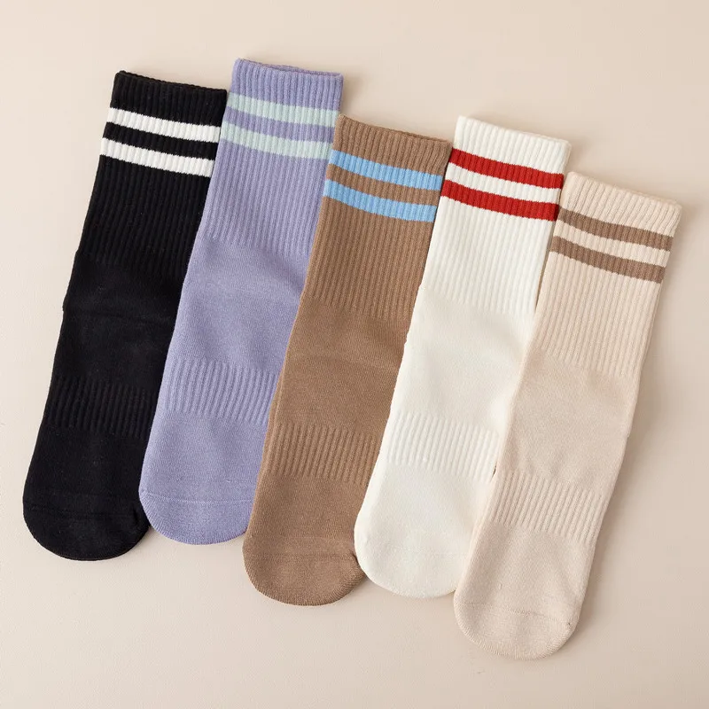 New Solid Color Striped Mid-calf Yoga Pilates Socks for Women