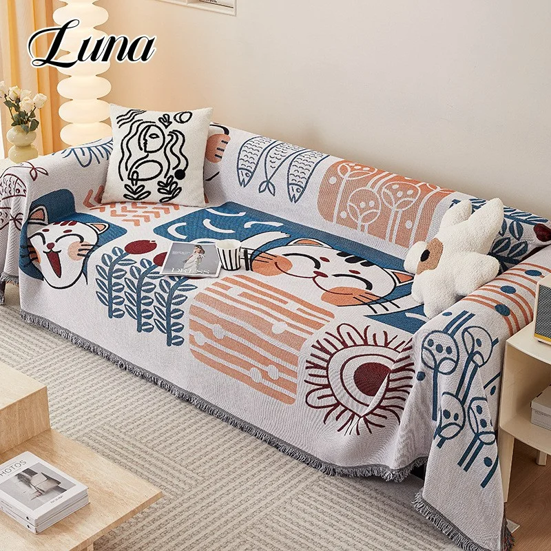 

Lucky Cat Sofa Throw Blankets with Tassels Outdoor Camping Picnic Blanket Nordic Soft Dustproof Slipcover Cartoon Couch Cover