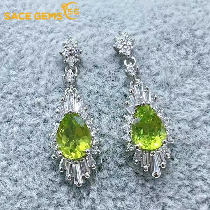 

SACE GEMS Fashion Jewelry Earrings for Women 925 Sterling Silver 6*8MM Natual Peridot Stud Earrings Wedding Party Fine Jewelry