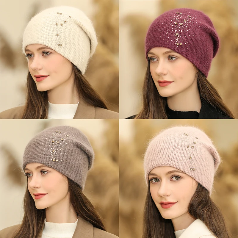 

Women Winter Hat Fashion Decorate Beanie Hat Rabbit Fur Blend Warm Winter Cap For Female Casual Streetwear Knitted Hat