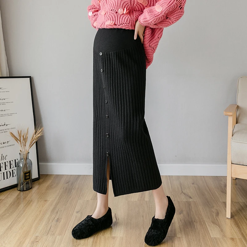 Korean Style Autumn and Winter Pregnant Women's Knitted Skirt Front Split Button Fly Maternity Straight Skirts Pregnanct Clothes
