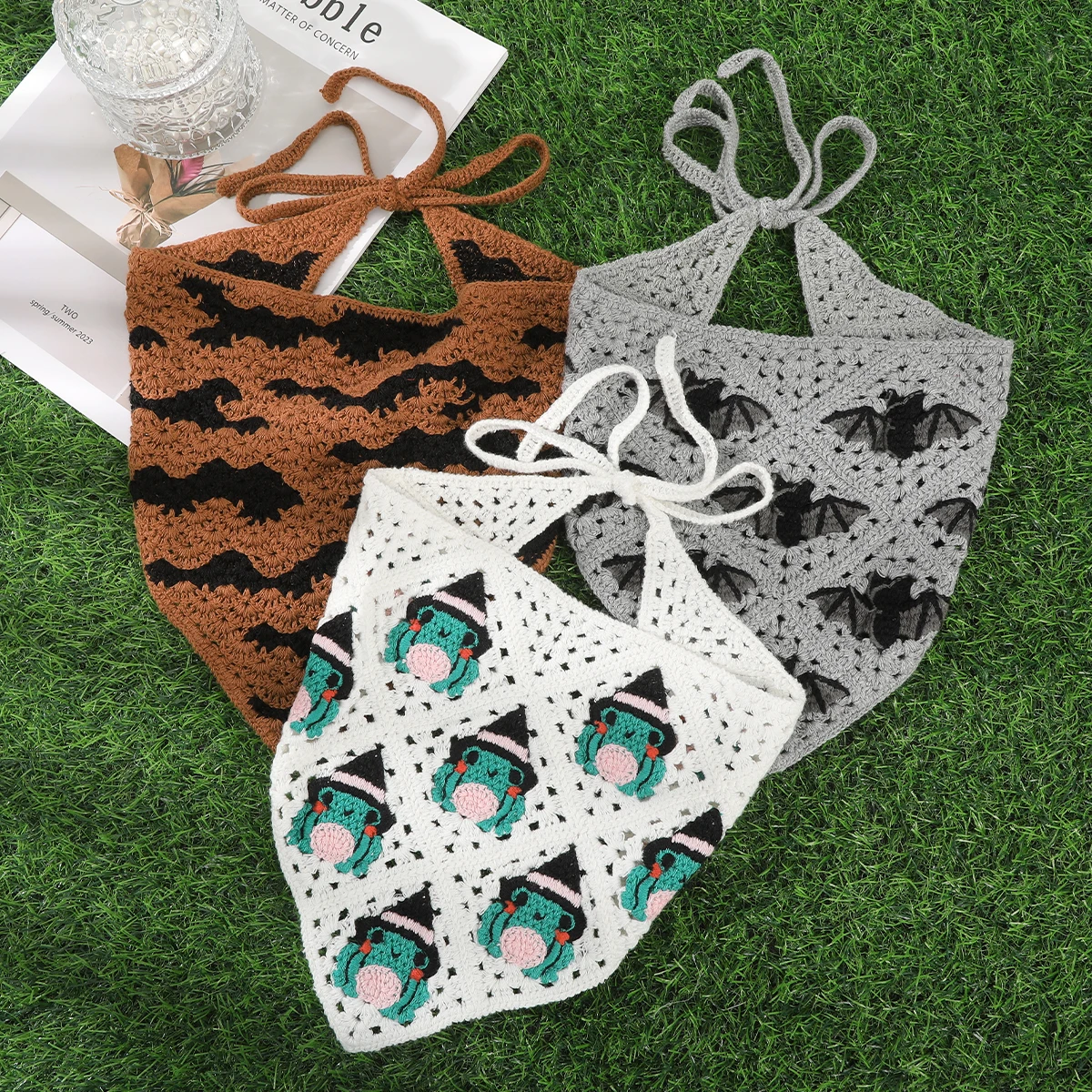 Knitted Bat Triangle Scarf Gray Halloween Bandana Turban Headbands For Women Festival Cute Hair Bands Hair Accessories