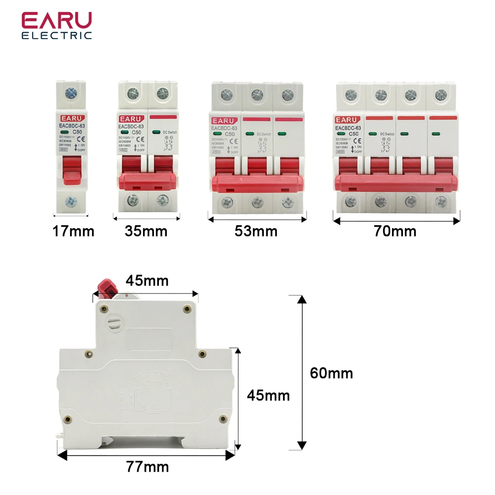 DC 1000V 1P 2P 3P 4P Solar Mini Circuit Breaker Overload Protection Switch 6A~63A/80A 100A 125A MCB for Photovoltaic PV System