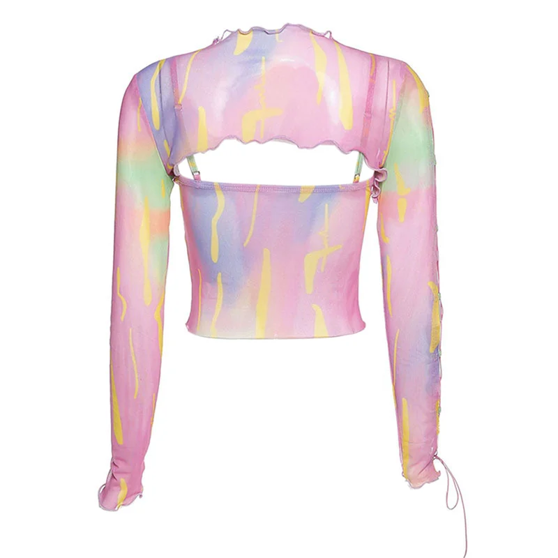 Shrug Top with Cami y2k Clothes Women Tie Dye Print Ruffle Long Sleeve Cover Up and Sleeveless Vest 2000s Clothing