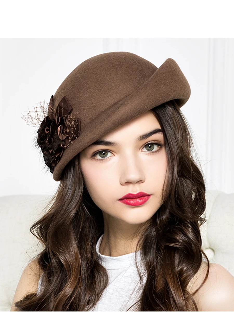 YLY 100% Wool Women Fedora Hat Autumn Winter Lady Beret Cap Female Hat with Flower Wool Warm Woolen Cap