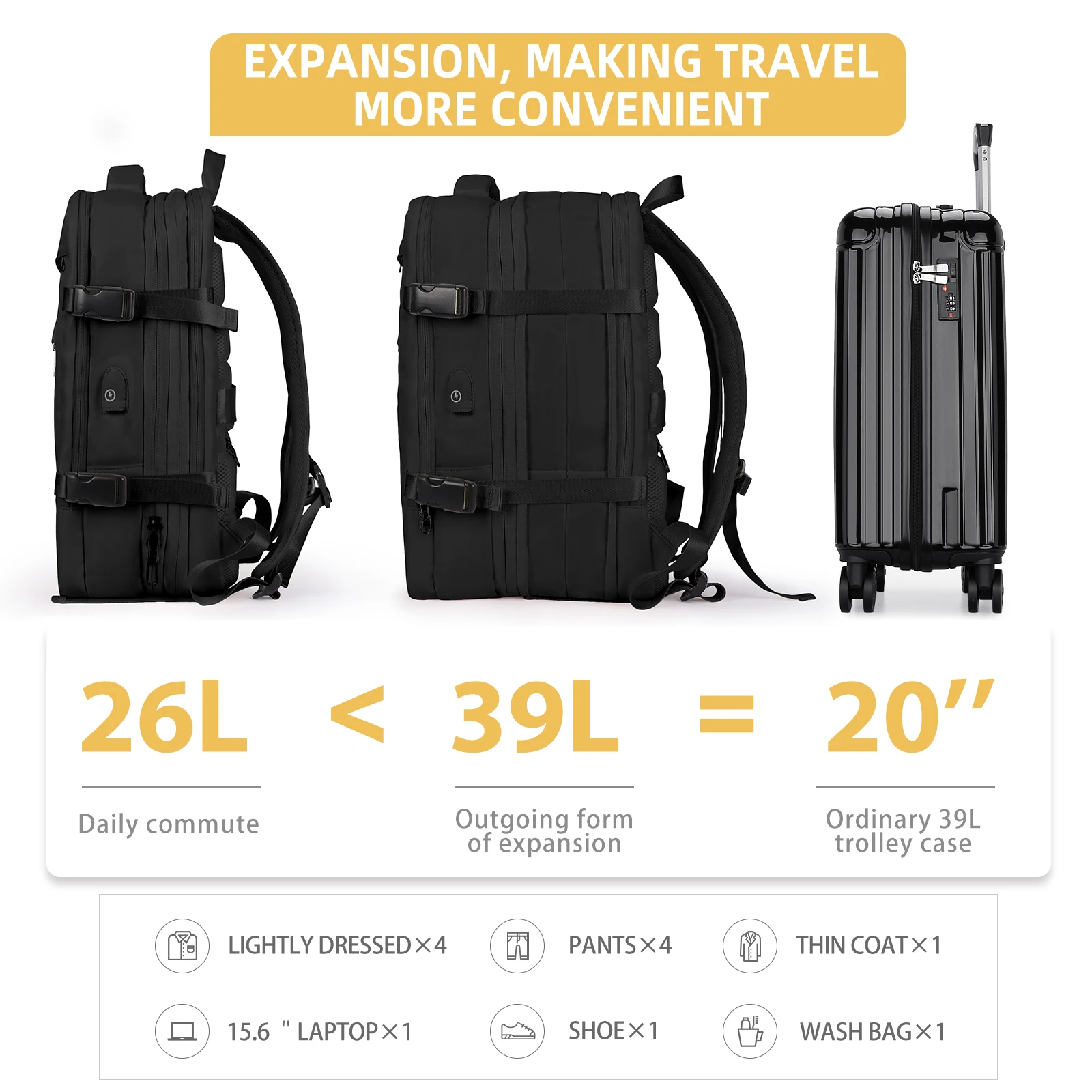 Business Travel Backpack for Men Women, Large Capacity Carry on Waterproof Expandable Backpacks Laptop Bag Hand Luggage Backpack