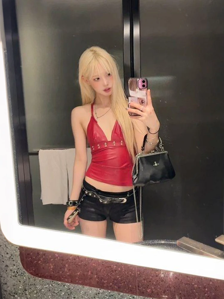 Nibber Sexy Metal Decoration Camisole Women v-Neck Faux Leather Midnight Hottie Music Festival Wild Fashion Classic Streetwear