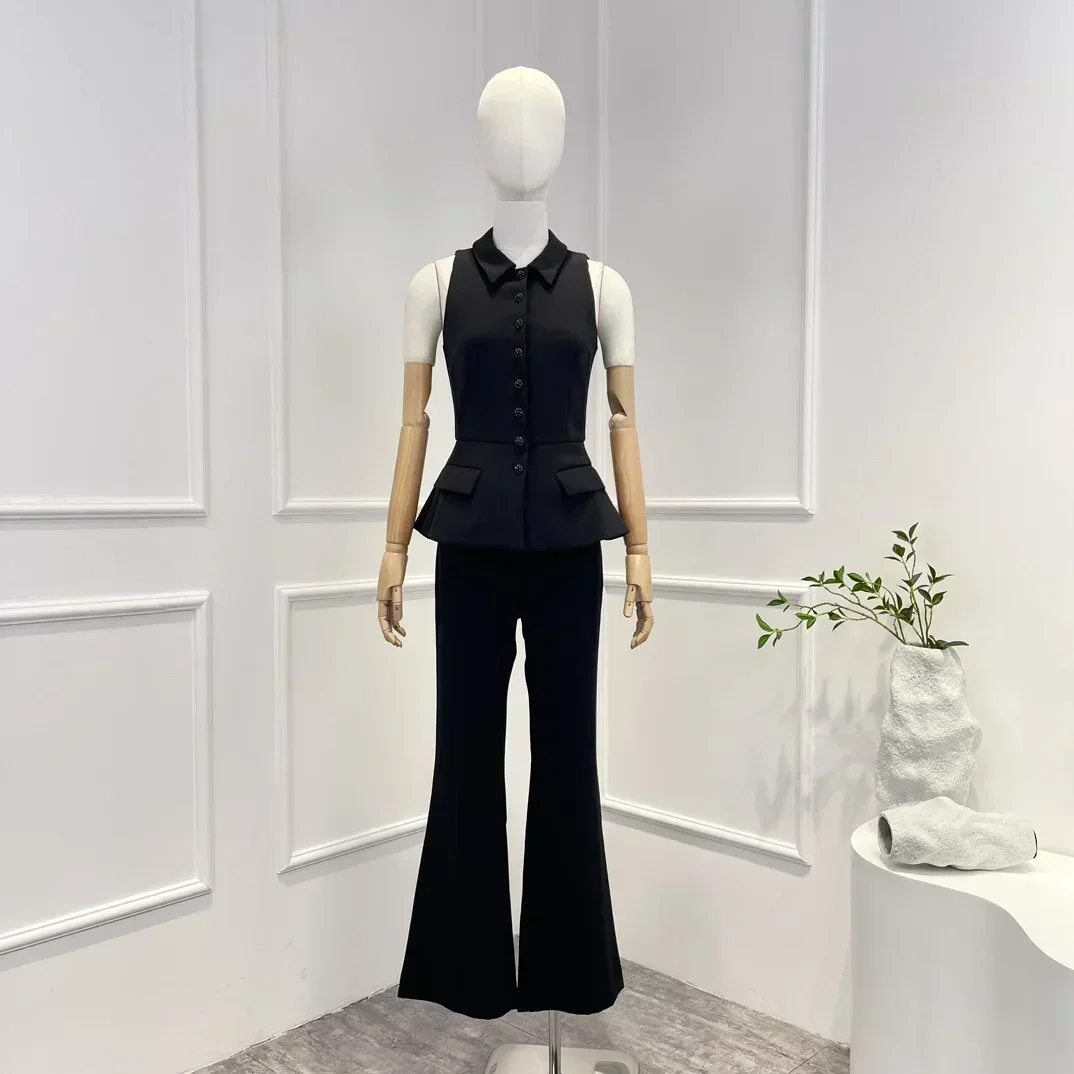 

Sleeveless Vest and Pants Set for Women Flare Waist Black High Quality Intellectual Casual Suit New 2023