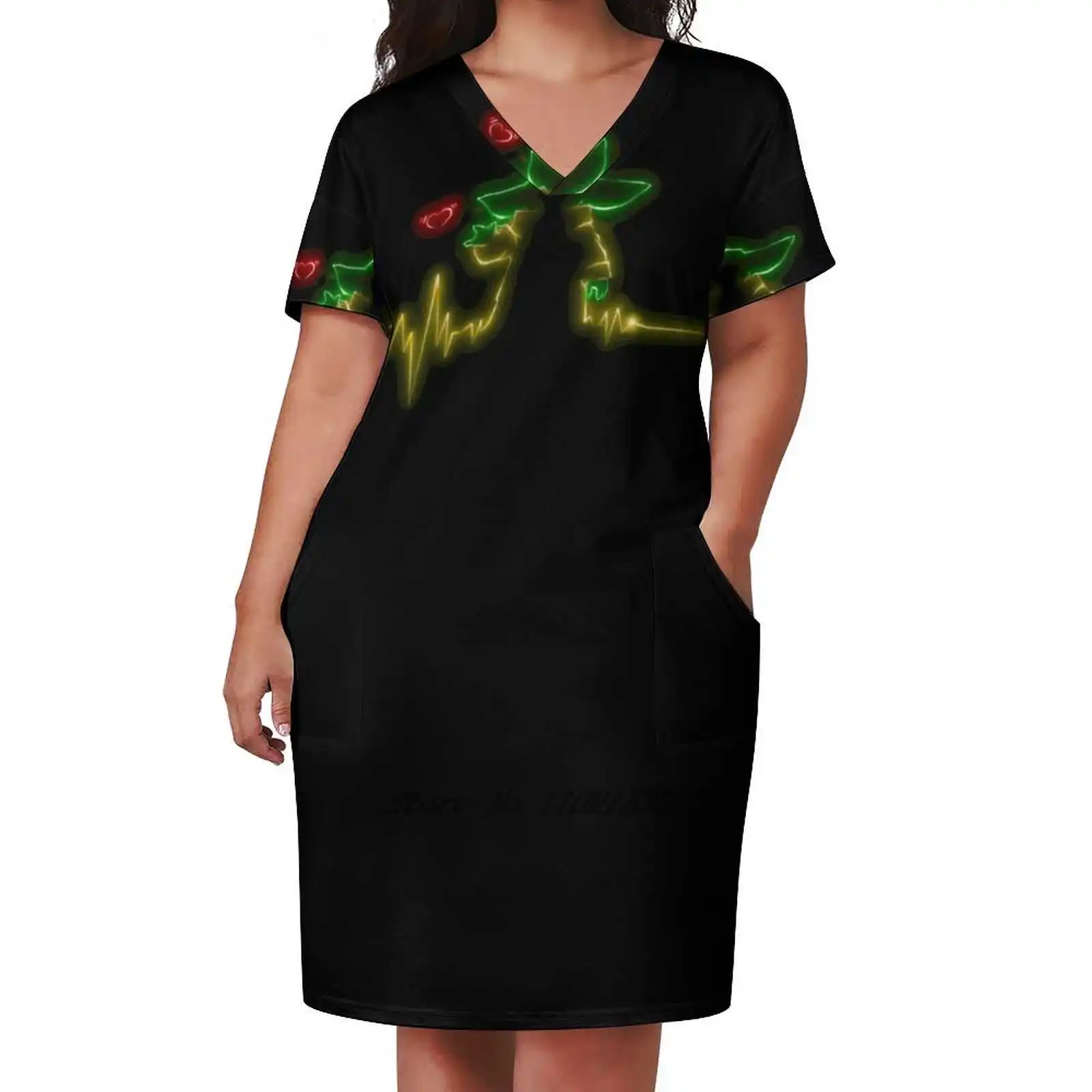

Baby Heartbeat Loose Pocket Dress Print Short Sleeve Dresses V-Neck Dress 5Xl Baby Mando Heart Pulse Y2K Dresses For