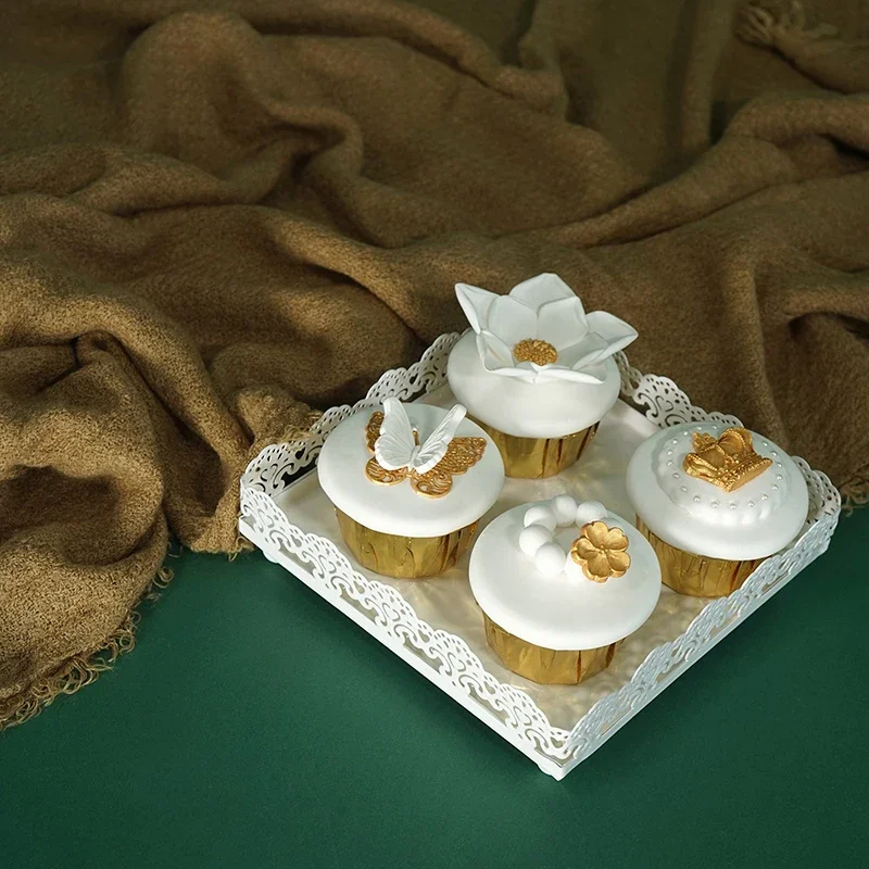 Square Type Cake Tray White Lace Wedding Food Cupcake Push Cake Donuts Display Plates Metal Decoration S M L