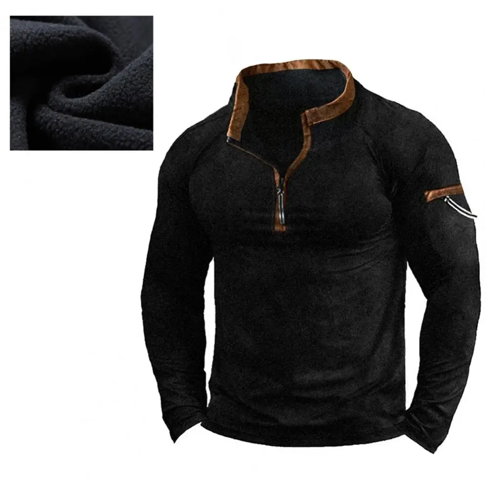 Description Picture 5 of itemFall Winter Men Sweatshirt Stand Collar Zipper Decor Solid Color Long Sleeve Thick Casual Pullover Patchwork Men Mid Length Top