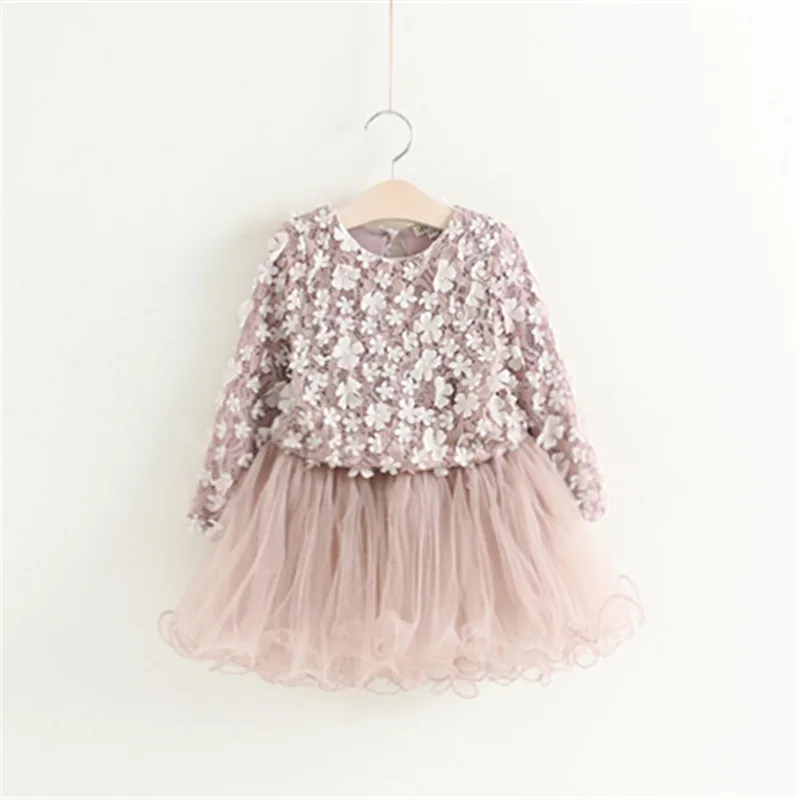 Girls Flower Lace Princess Dress Spring Party Holiday Mesh Tutu Long Sleeve Casual