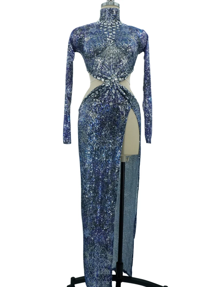 

Evening dress rhinestones sequin Cutout dress long sleeve blue club party birthday wedding stage performance ​drag queen costume