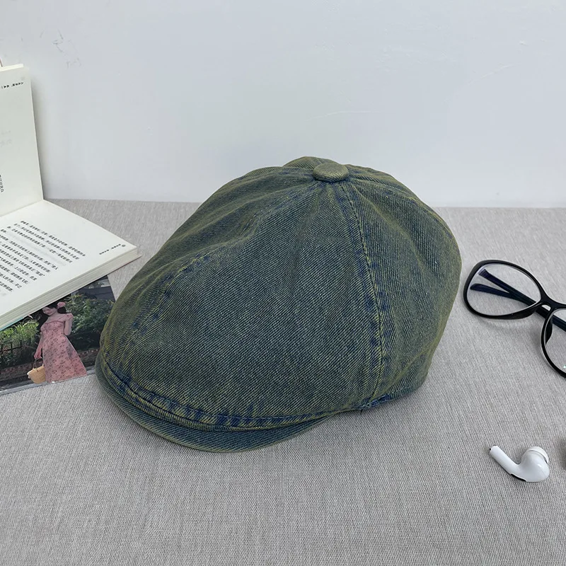 Vintage Denim Solid Color Newsboy Caps Solid Color Washed Cotton Flat Peaked Cap Men Autumn Painter Women Beret Octagonal Hats