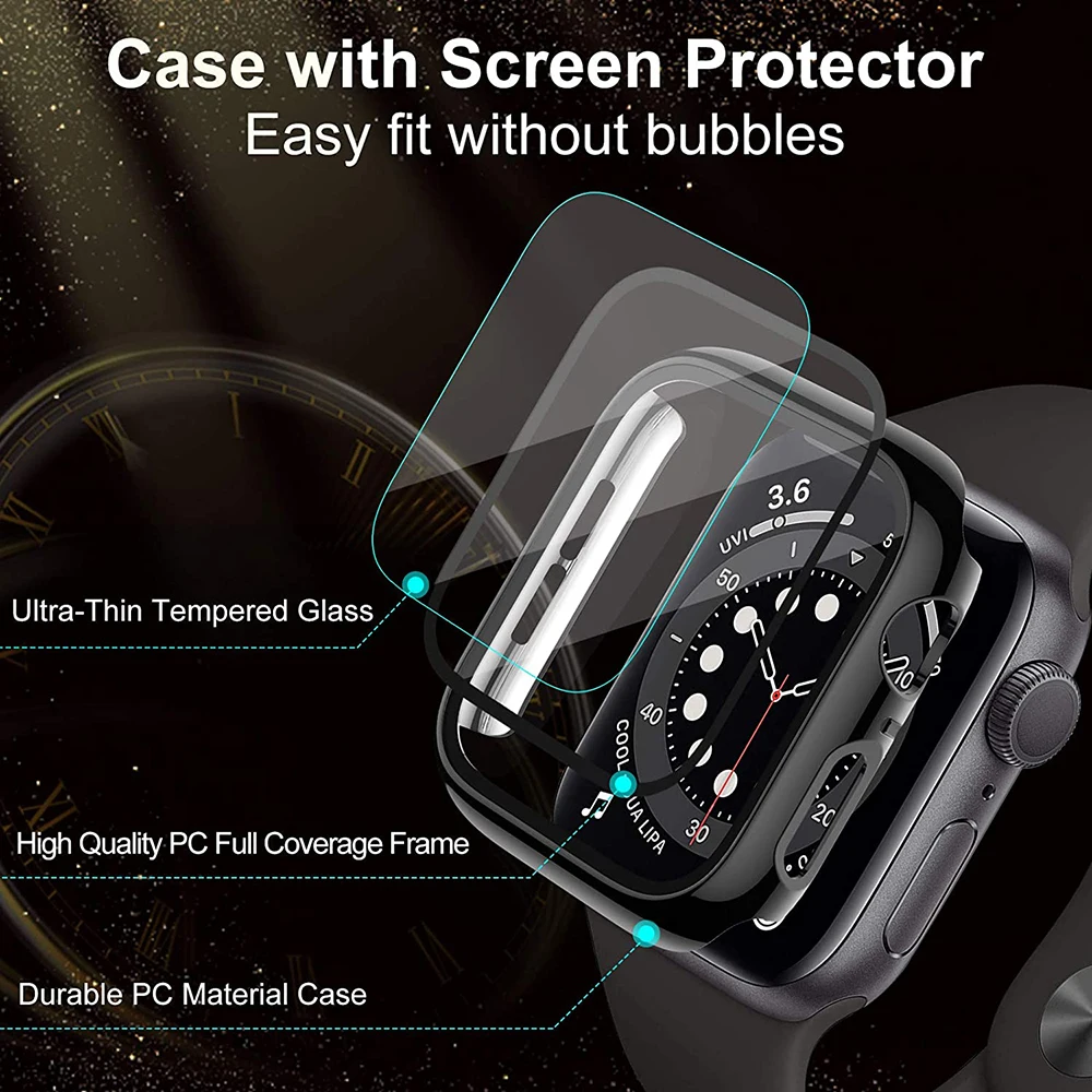 360 Full Cover for Apple Watch 45mm 41mm 44mm 40mm 42mm 38mm, Plating Case Glass Screen Protector for iwatch 9 8 7 6 5 4 3 2 SE