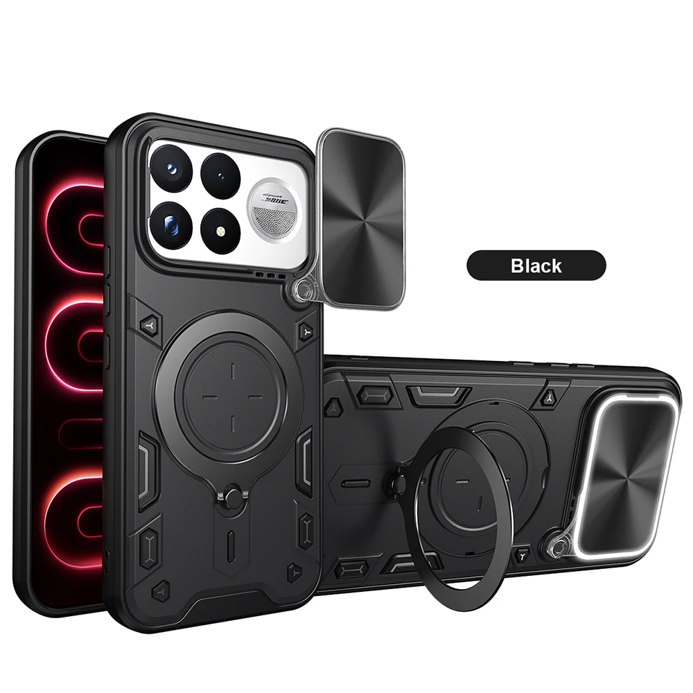 Slide Camera Shield Phone Case with Magnetic Ring Stand - Full Protection Shockproof Cover