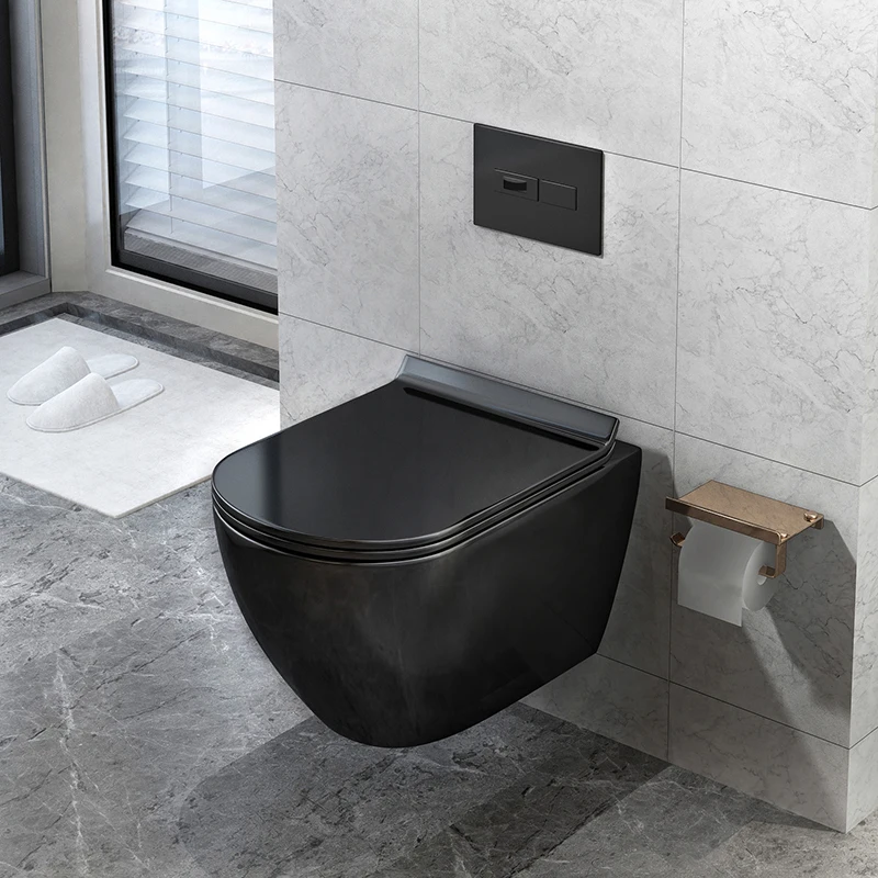 

German American whale bathroom Nordic black wall-mounted toilet into the wall hidden pneumatic water tank hanging wall toilet