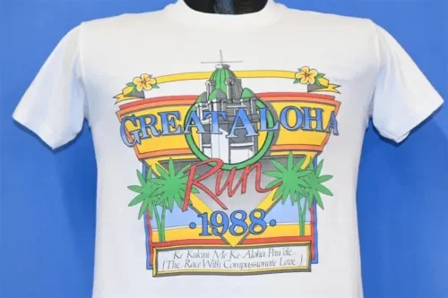 Vtg 80S Great Aloha Run Finisher Hawaii Palm Rainbow 1988 Race T-Shirt Youth L Maniche Lunghe O Corte