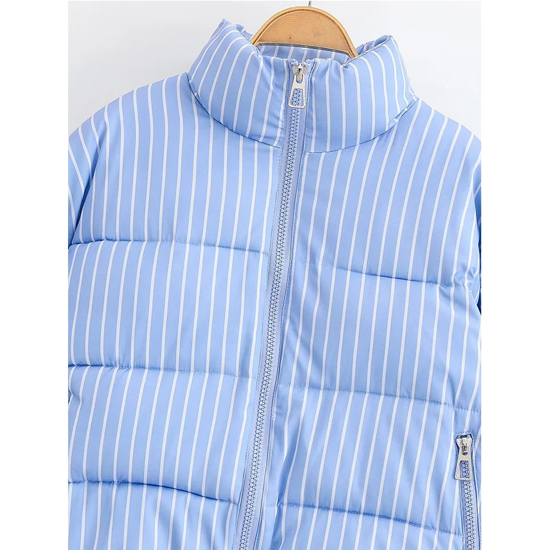 Women Chic Blue White Stripe Winter Jacket Zipper Stand Collar Short Parka Coat Fashion High Street Casual Jackets Outerwear