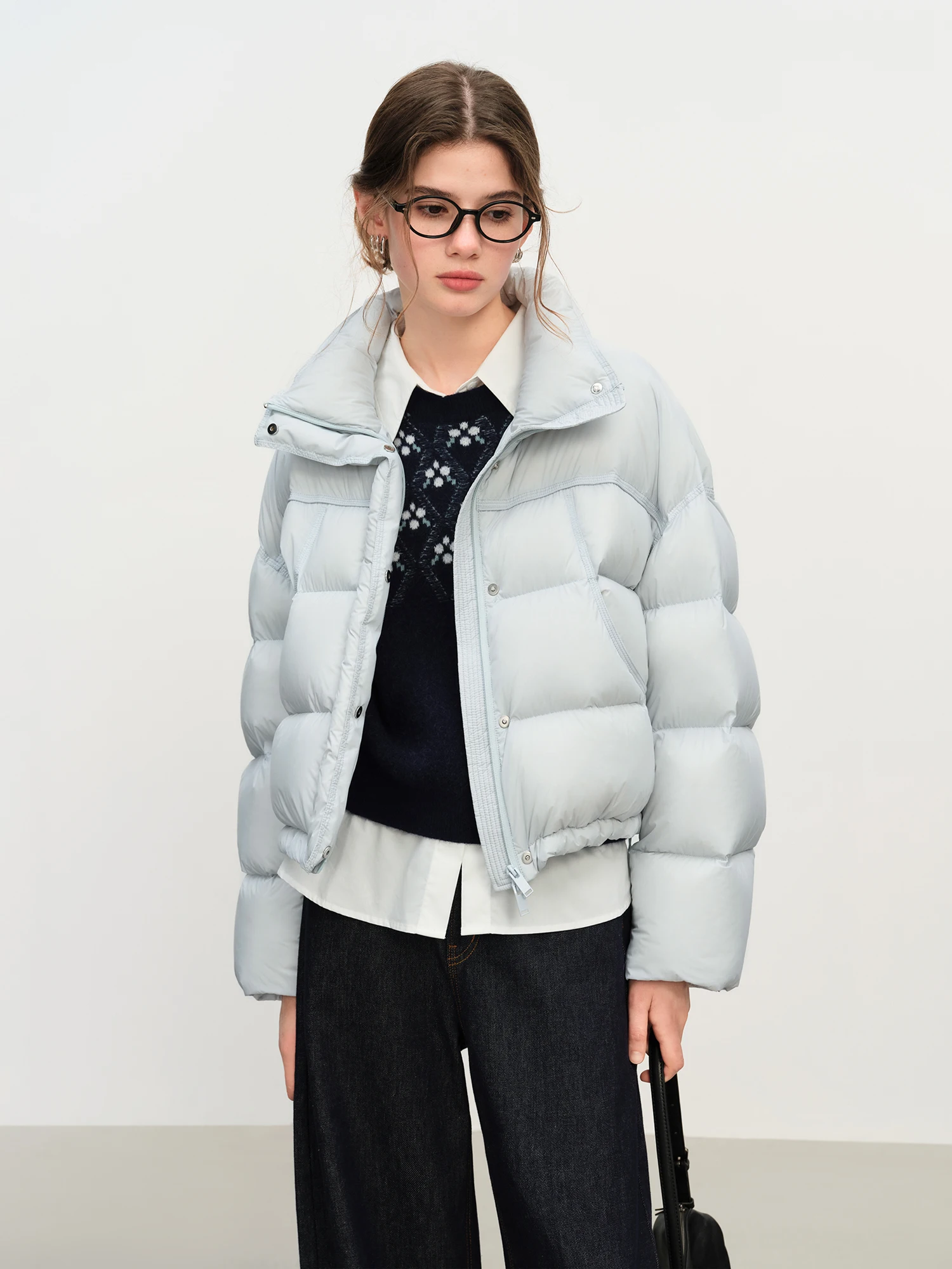 FSLE Winter 2025 Women Cloud-Like Puffer Coat - Stand Collar Short Down Jacket Lazy Chic Style Glossy Finish for Casual Comfort