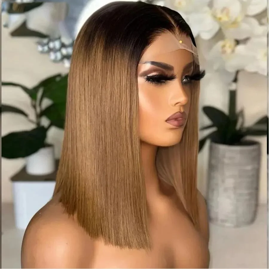 

Soft 180Density Short Bob Ombre Honey Blonde Glueless Straight Lace Front Wig For Black Women BabyHair Preplucked Daily Cosplay