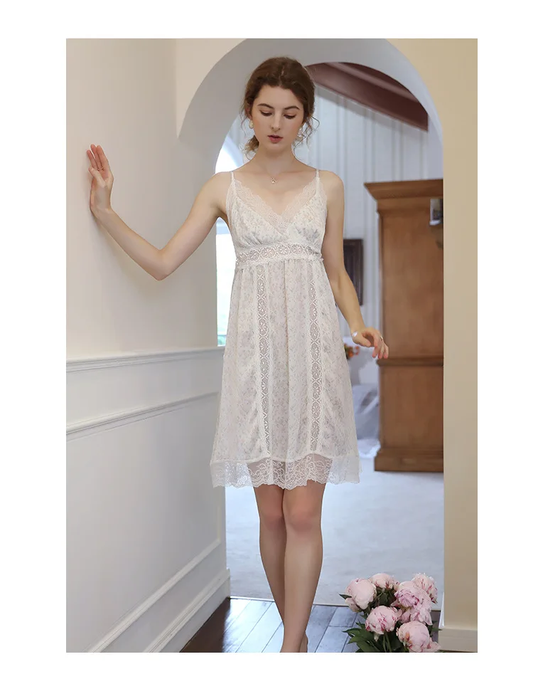 Summer Sexy pajama Women lace lace cotton V-neck hollowed-back slip dress Nightdress