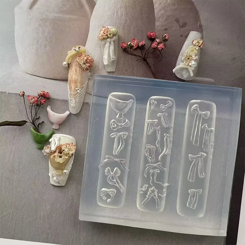1Pcs 실리콘 보우 네일 아트 몰드 장미 꽃 꽃다발 스타일 높은 투명도 3D 네일 장식 네일 참 DIY 매니큐어 몰드