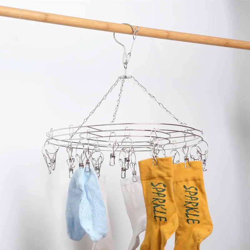 Stainless Steel Sock Rack Thick Multi-clip Sock Drying Rack Round Clothes Hanger Multi-functional