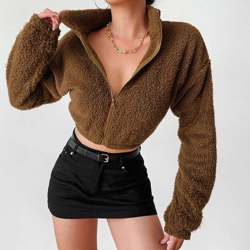 2024 New Autumn and Winter Women's Pure Color Lamb Wool Cardigan Hipster Stand-up Collar Short Zipper Long-sleeved Top Women sweater hipster 2023 men knitted pullover wool sweater autumn cotton sweater sweaters hip hop casual vintage streetwear