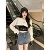 2023 Autumn Women Fashion Crop Sweatshirt Letter Sling Print Pants 1 or 3 Piece Set Lady Cool Streetwear Outfits Tops Trousers 5