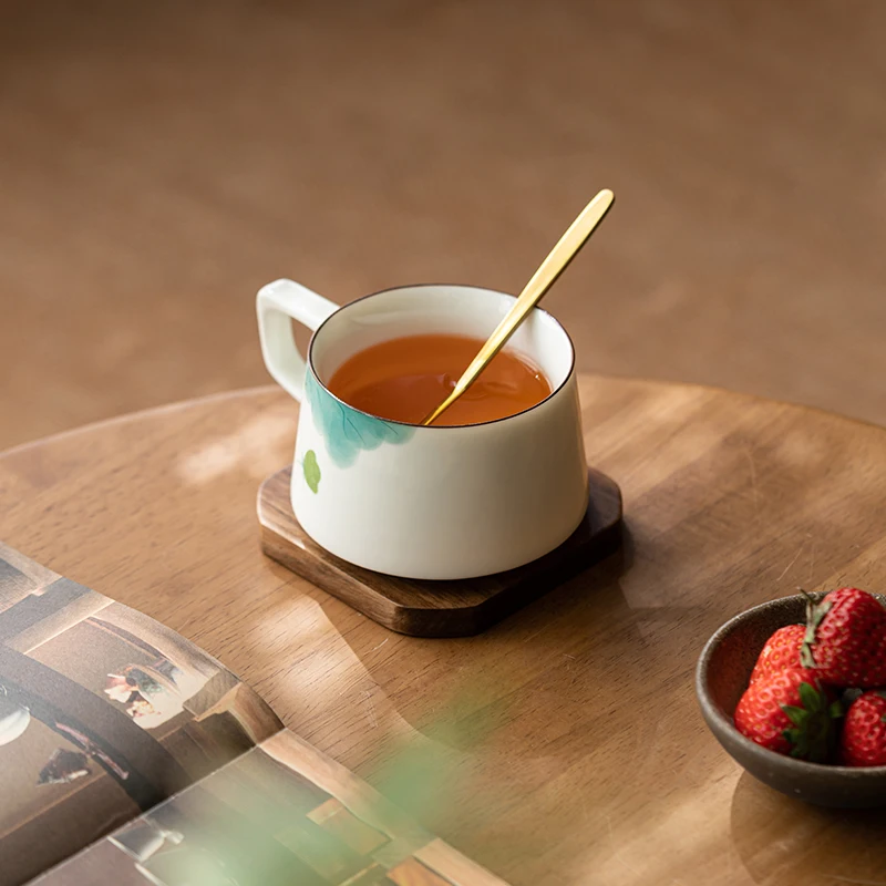 Creative Coarse Hand Drawn Lotus Pattern Cups, Household Office Items Porcelain Water Mug, Coffee Cup and Wood Plate Combination