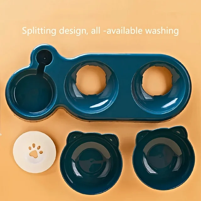 Pet Bowls With Water Feeder, 3 In 1 Ear Design Tilted Cat Water And Food Bowl Set With Gravity Water Bottle For Neck Protection 5