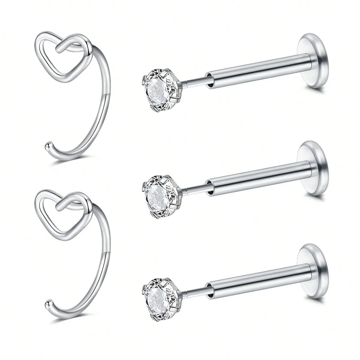 5 יחידות טבעות אף ללא חוטים עגילי אף מפלדת אל-חלד עגילי אף מעוגלים עם אבן CZ לב וכוכב תכשיטי חור באף
