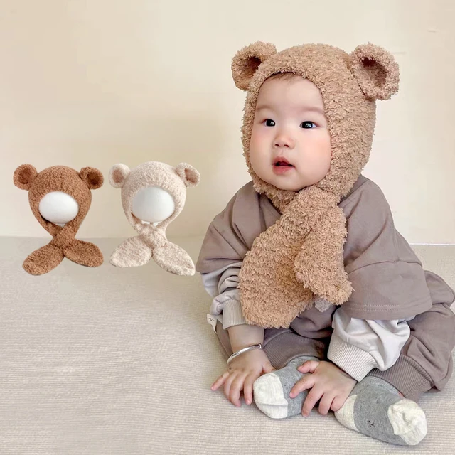 Chapeau et écharpe en peluche pour bébé, épais, mignon, ours, Protection  des oreilles, chapeau chaud pour enfants en bas âge, casquette tricotée, 4m  – 2 ans - AliExpress