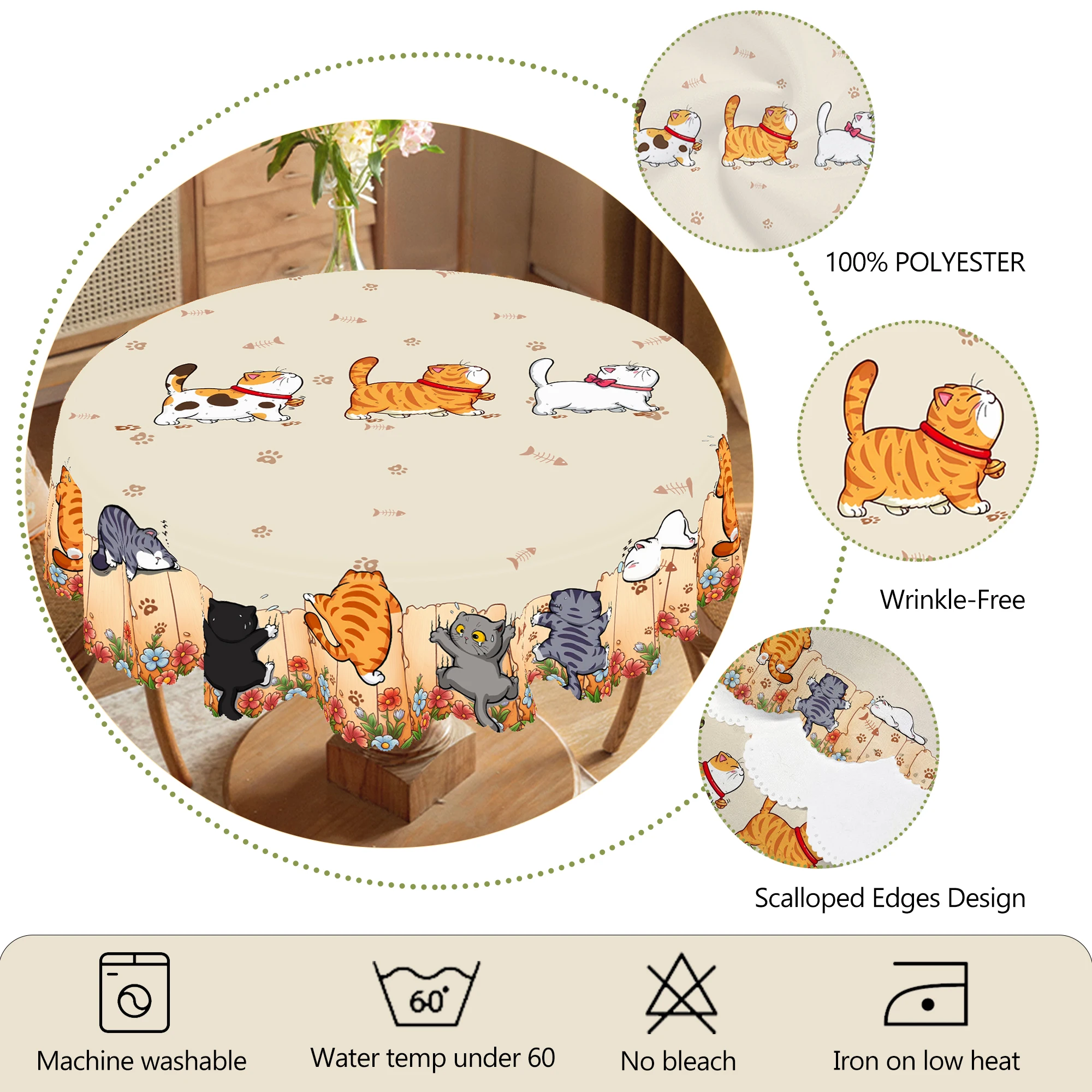 1 Piece of Cute Cat Round Tablecloth, 5 Sizes Available,Cute Cartoon Cat Pattern Printed Desk Tablecloth, Edge Embossing Process 5