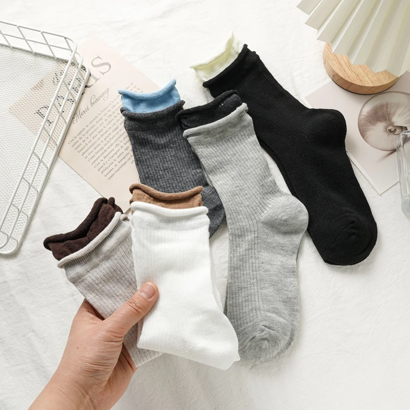 Women's Socks New Simple Solid Color Breathable Fake Two Pieces Fashoin Cotton Socks Striped Comfortable Autumn Middle Tube Sock - 5