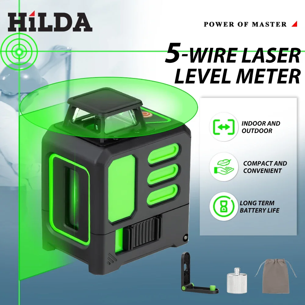 Laser level HILDA Laser Level Green 5 Lines Level Ip55 15M Self-Leveling Horizontal & Vertical Cross Measuring Tools