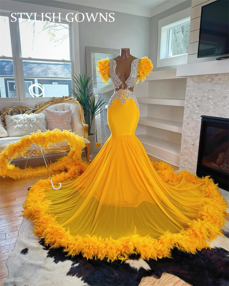 Yellow Sweetheart Long Prom Dress For Black Girls 2023 Beaded Crystal