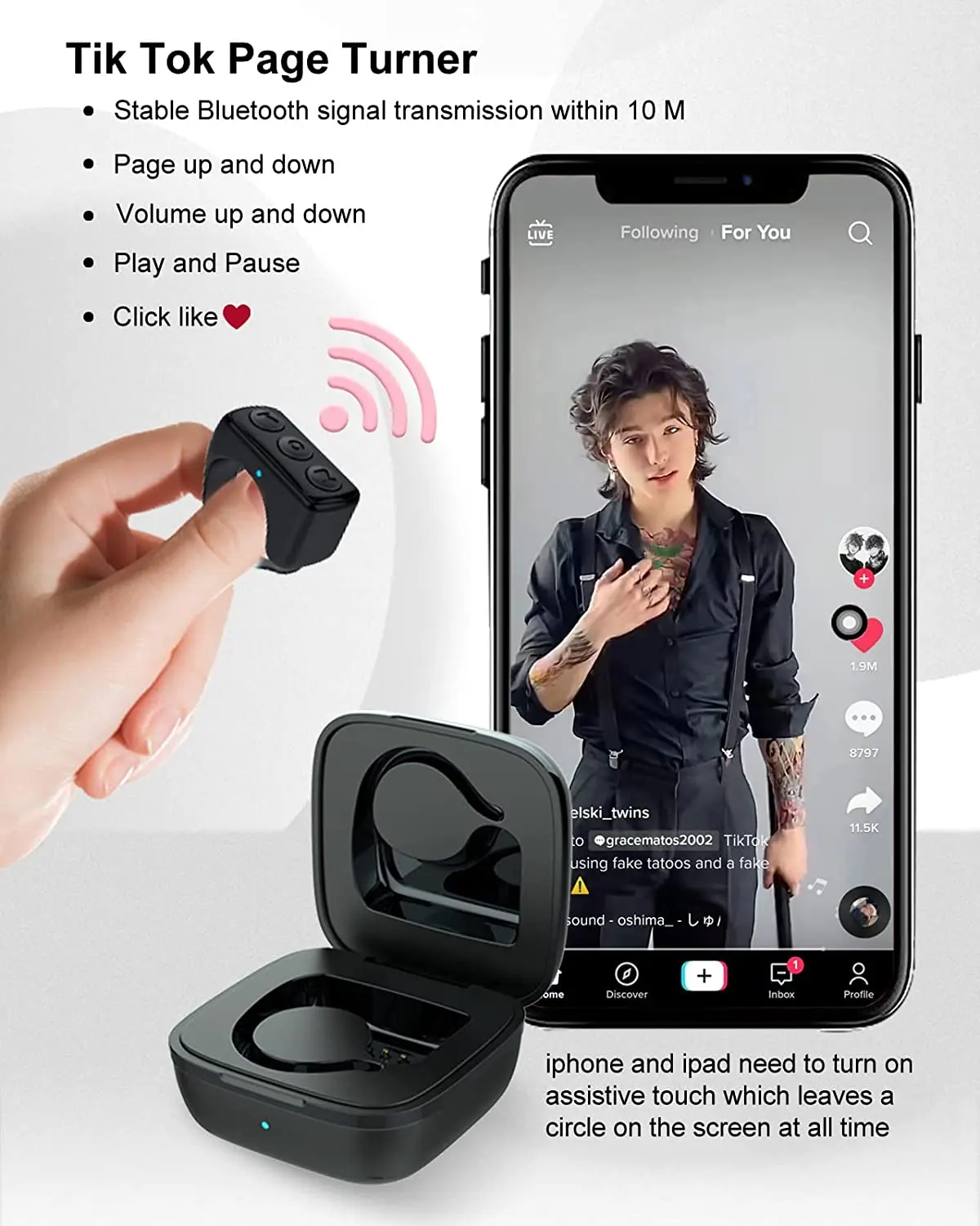 TikTok Remote Control Kindle App Page Turner, Bluetooth Camera Video  Recording Remote, TIK Tok Scrolling Ring for iPhone, iPad, iOS, Android 