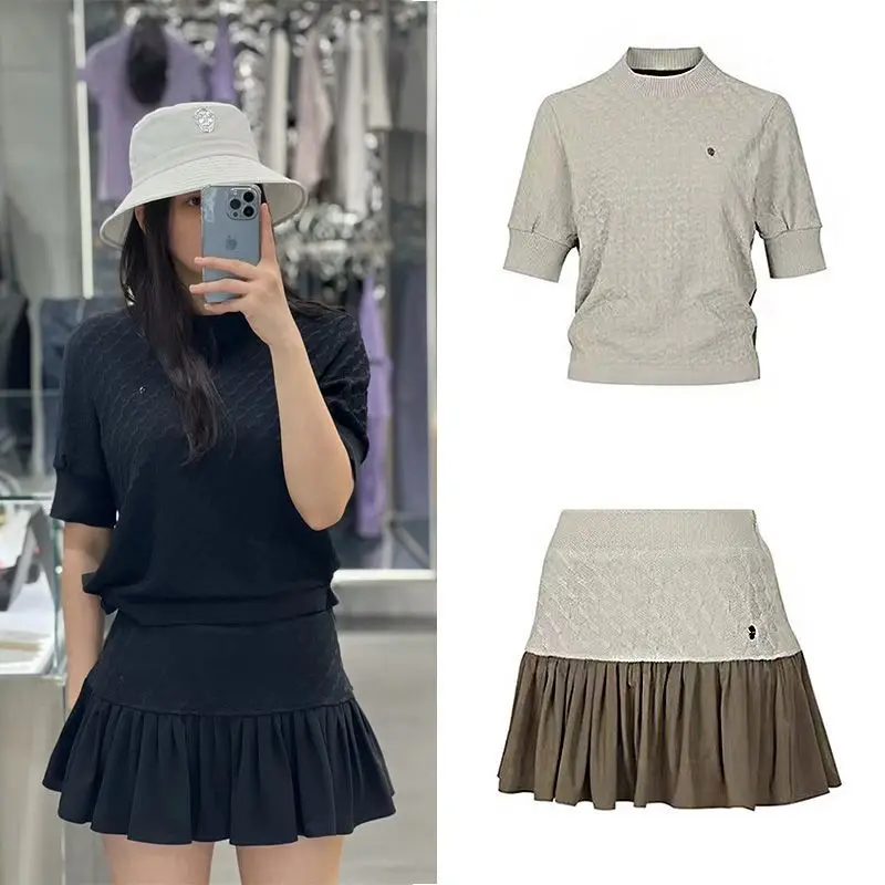 AMAZINGCRE New Women's Golf Outdoor Leisure Sports Short-sleeved Top Ruffle Edge Skirt Fashion Suit