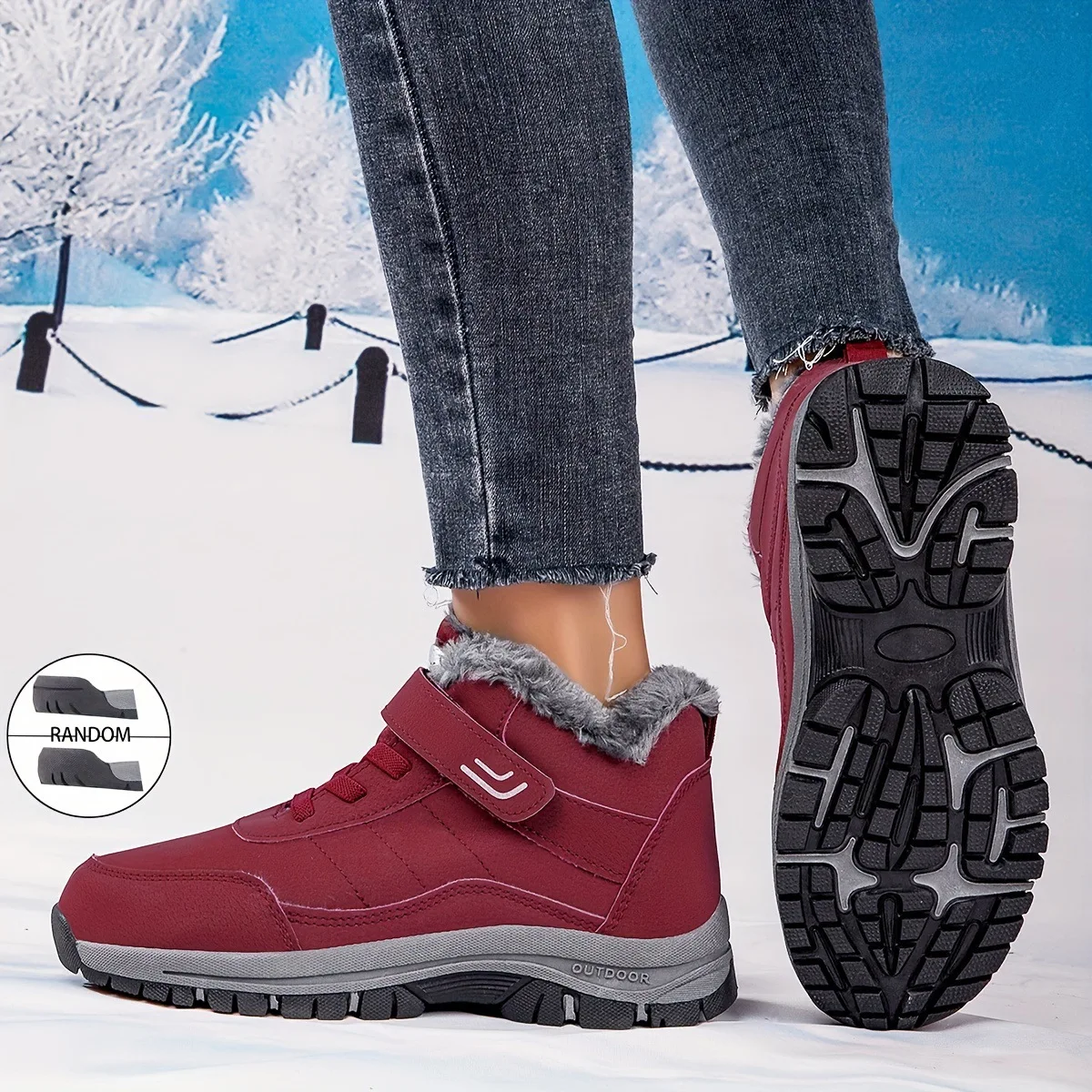 Women Snow Boots Waterproof Warm Plush Lining Anti-Slip Sole Low Heel Ankle High Stylish Two-Tone Winter Essential Causal Shoes