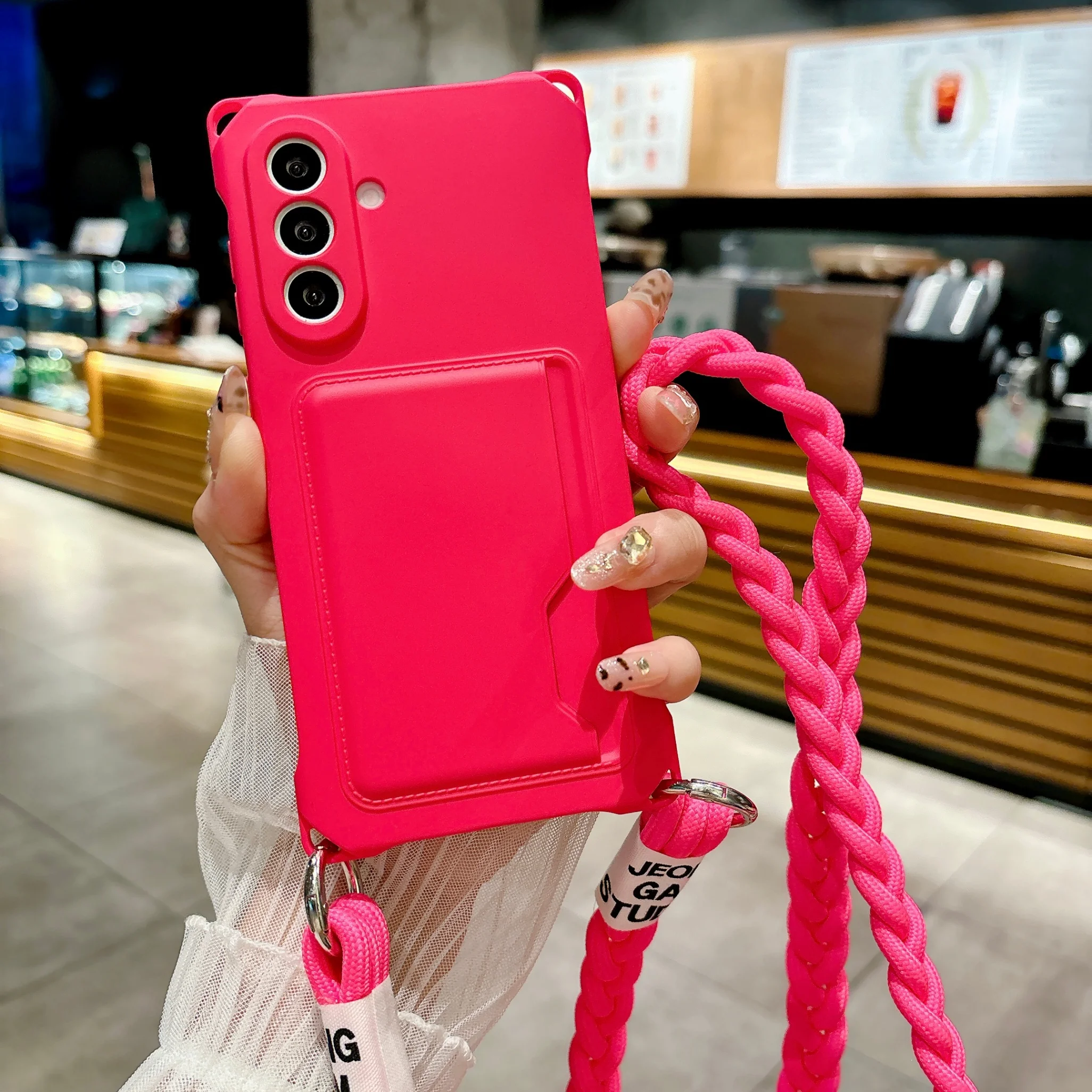 Braided Crossbody Strap Lanyard Phone Case with Edge Card Bag and Silicone Cover
