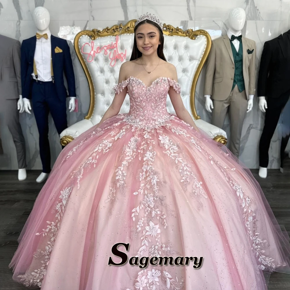 Sagemary Princess Ball Gown Quinceanera Dresses for Teens Sweetheart Off the Shoulder Sweep Train Lace Appliques Customised