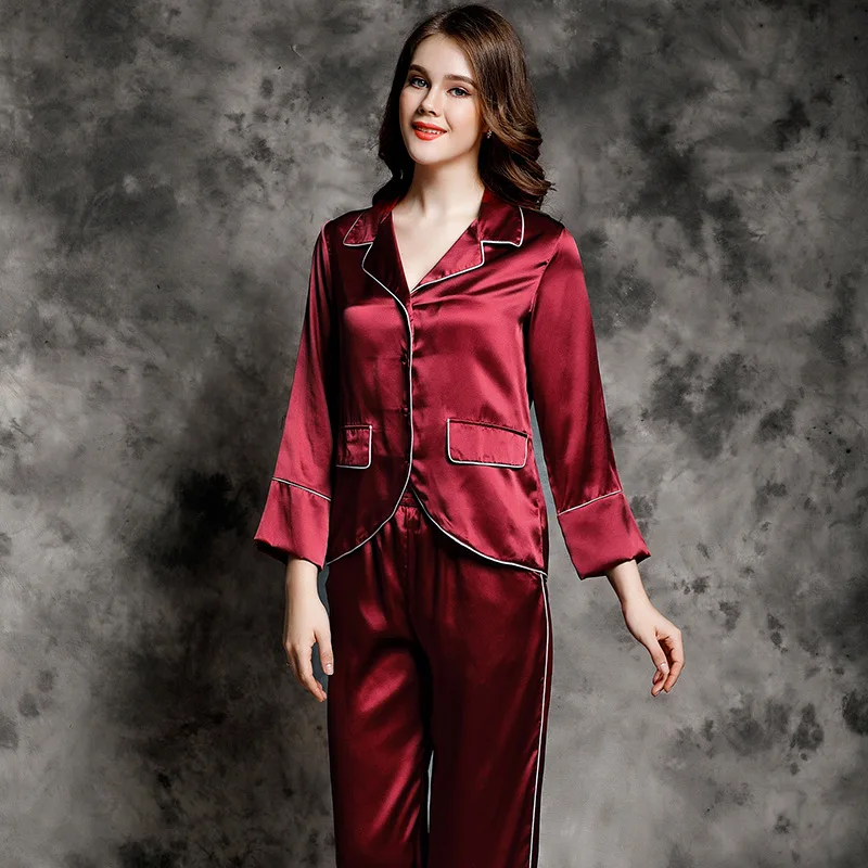 

100% Silk Two Pieces Pajamas Set Stain Pajama Ladies Casual Top and Pants Cardigan homewear Pure Silk Women Sleepwear Loungewear