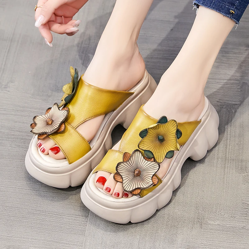 GKTINOO Genuine Leather Sandals Floral Women Slippers Summer Shoes Platform Outside Slides Thick Soles Leisure Ladies Slippers