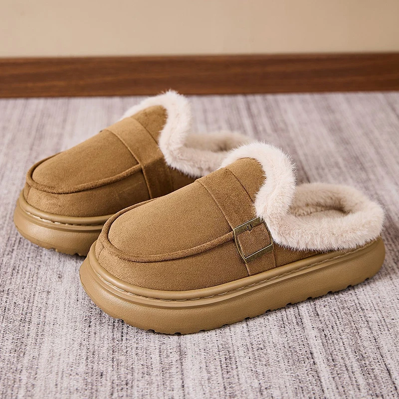 Korean Thick Bottom Plush Slippers Women Plus Size 47 Faux Suede Cotton Slippers Woman Non Slip Platform Winter Shoes Female
