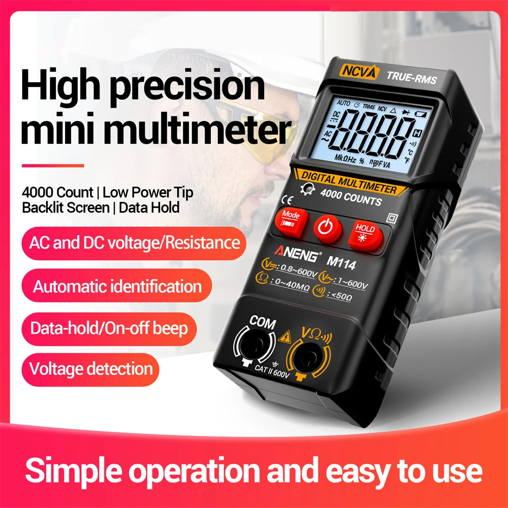 Multimeter 600V AC/DC Voltage Tester NCV 40M&Omega; Resistance Meter 4000 Count M114/M115 with True-RMS & Buzzer Tools