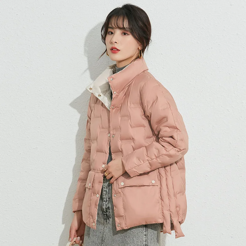 

Short down jacket for women in winter 2023, new pressure adhesive standing collar design, trendy white duck down jacket