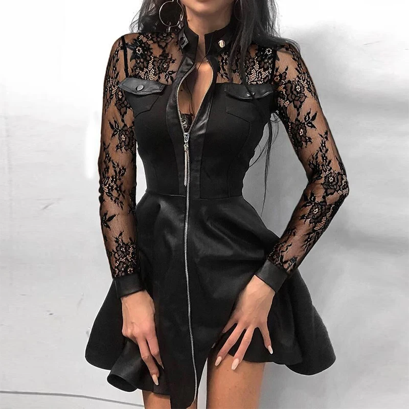 

Women Summer and Autumn Lace Sleeve PU Faux Leather Skirt 2022 Fashion V-Neck Zipper Party Skirt Ladies Sexy Bodydon Vestidos